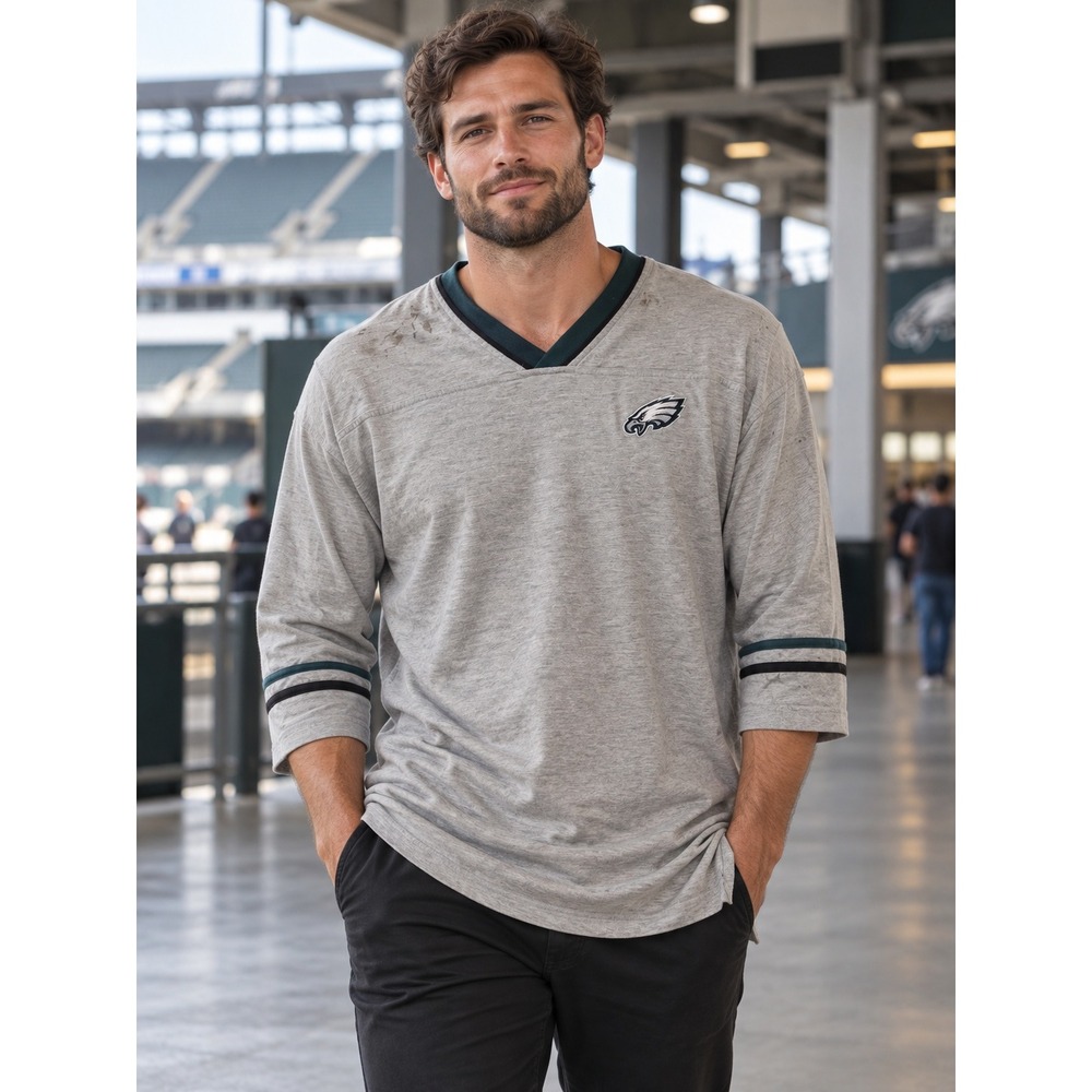 NFL Philadelphia Eagles Gray V Neck Shirt Green Stripe Sleeve Gameday